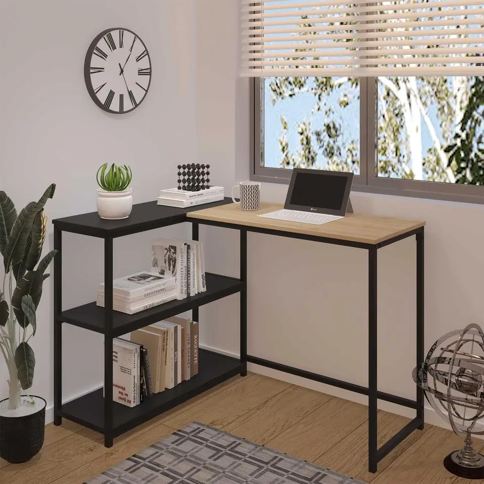 Hoekbureau Schmitt - 110x80x76cm - met opbergruimte - eikdecor/zwart