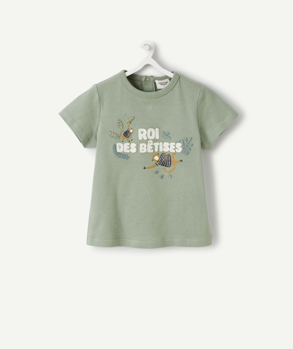 T-SHIRT EN FIBRES RECYCLÉES VERT AVEC MESSAGE ET SINGES BÉBÉ GARÇON