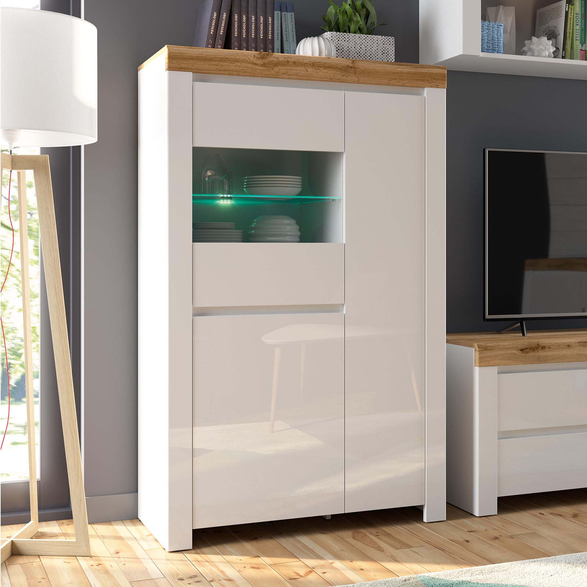 Highboardvitrine - weiß Hochglanz-Wotan Eiche - 157 cm hoch