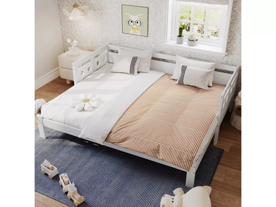 Lit gigogne 90 x 190 cm - bois massif - cadre enroulable - motif coeur - blanc