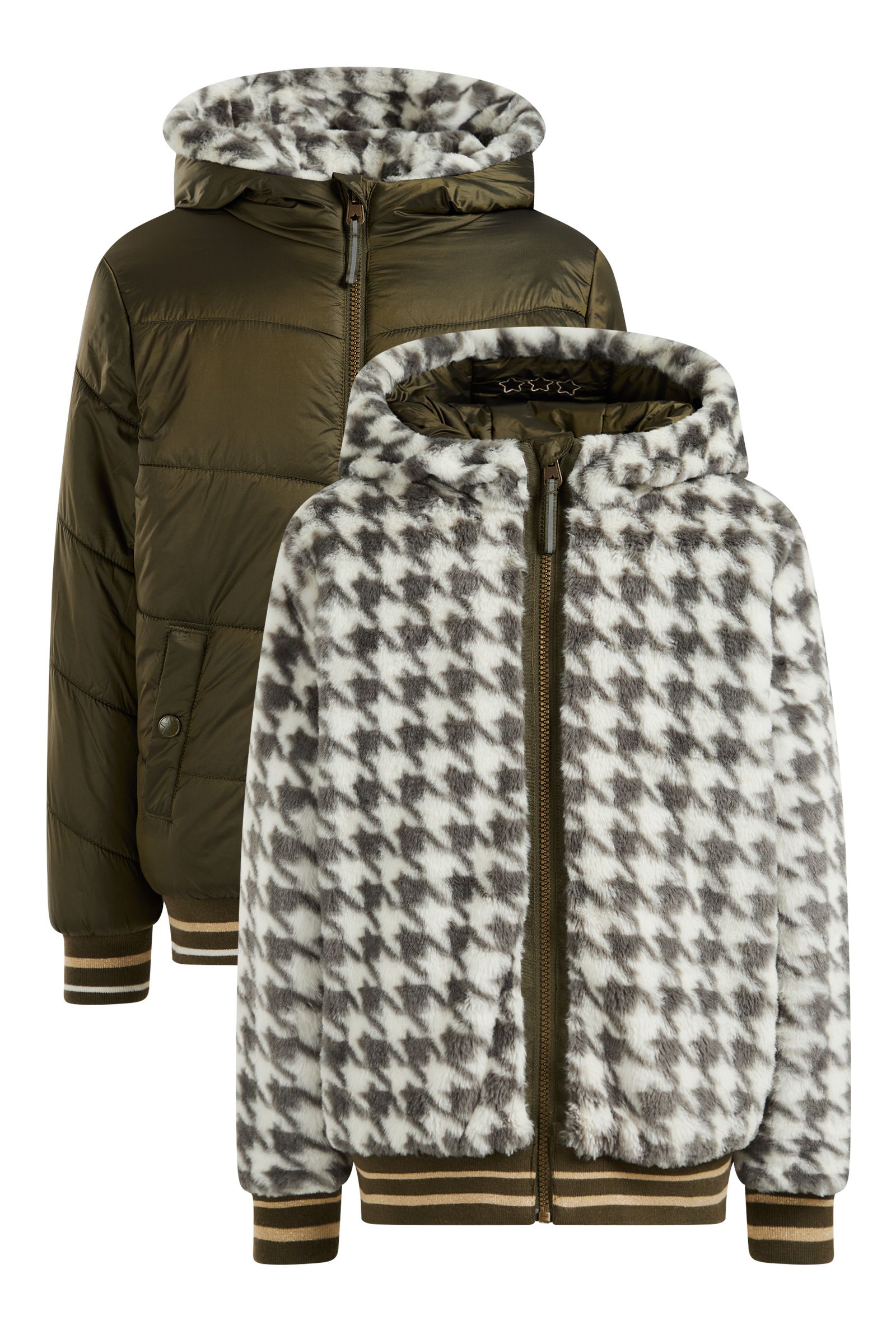 Meisjes reversible jas met imitatiebont en dessin WE Fashion Khaki