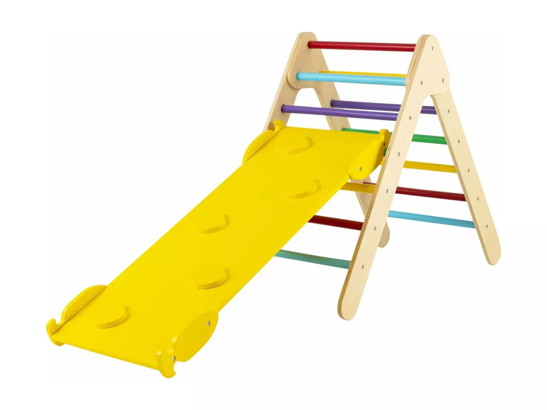 3 en 1 Triangle d'escalade Enfant avec Rampe Double Face, Toboggan en Bois avec Inclinaison Réglable, Cadre de Jeu pour la Maison,la Garderie, 1 an+ (avec Rampe, Multicolore)