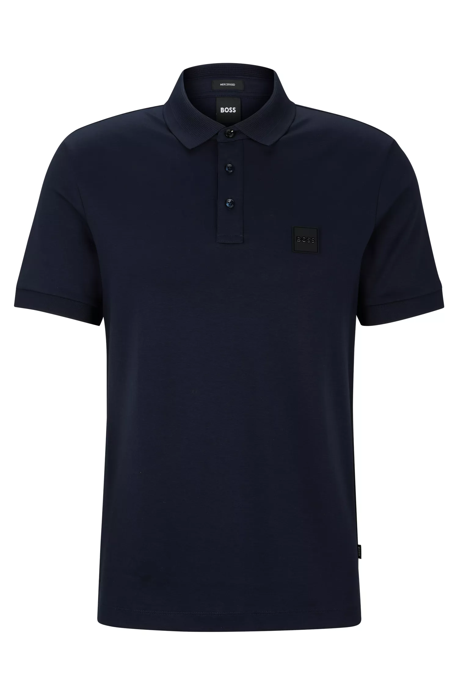 Camisa polo BOSS preta em malha de algodão com emblema da marca.