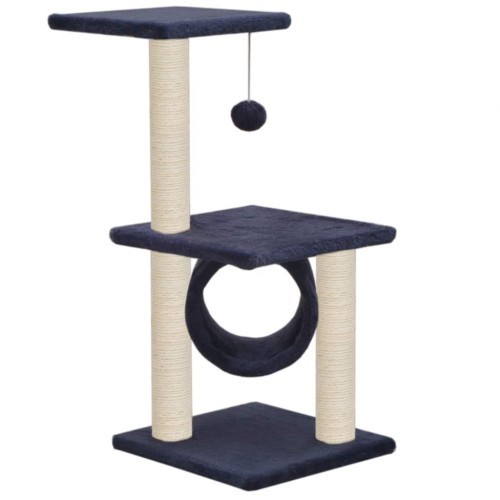 Arranhador azul para gatos com hastes de sisal.