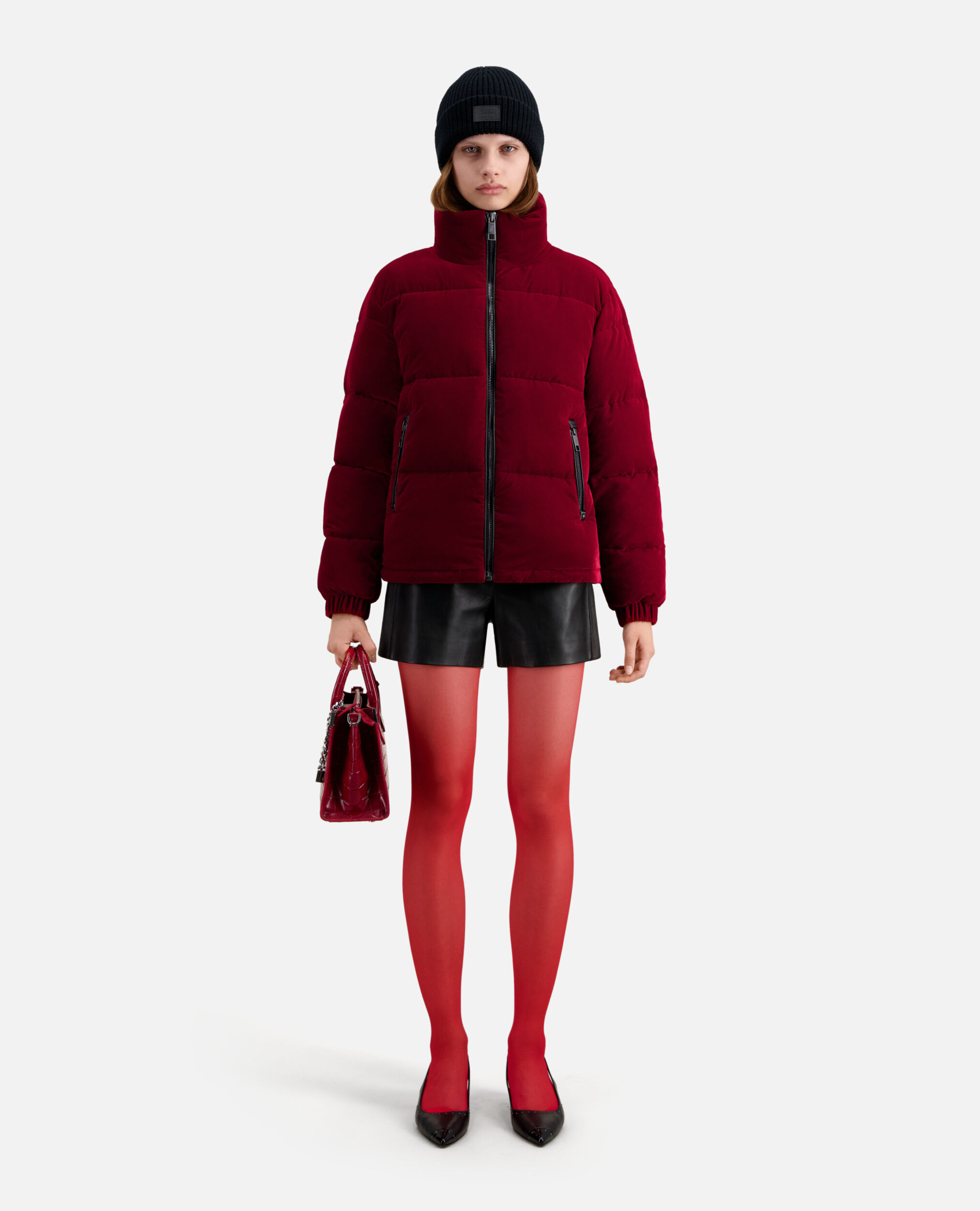 Burgundy velvet puffer jacket