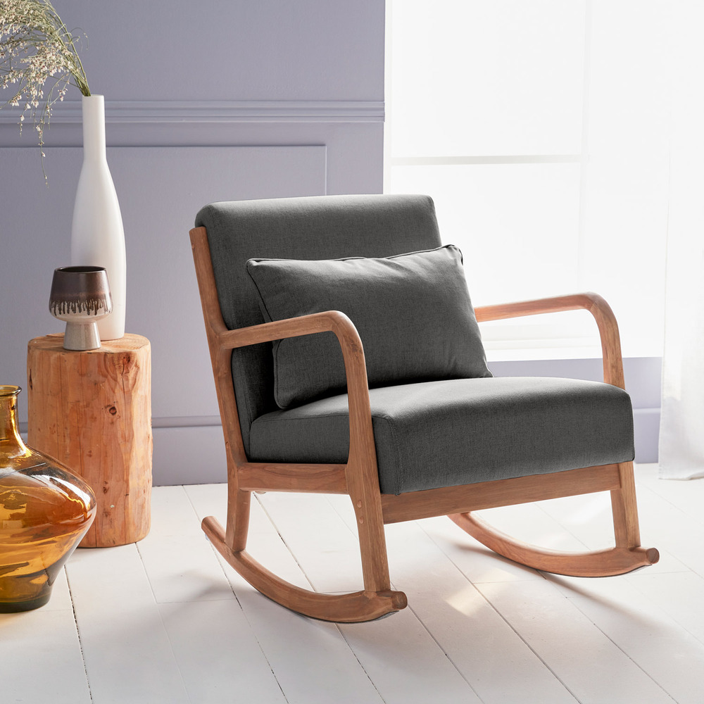 Fauteuil à bascule design en bois et tissu. 1 place. Rocking chair scandinave. Gris foncé