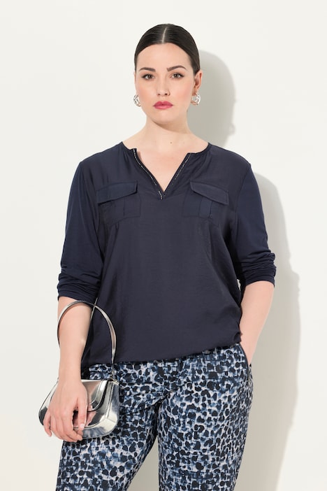Blusenshirt, Ziersteine, Tunika-Ausschnitt, Langarm