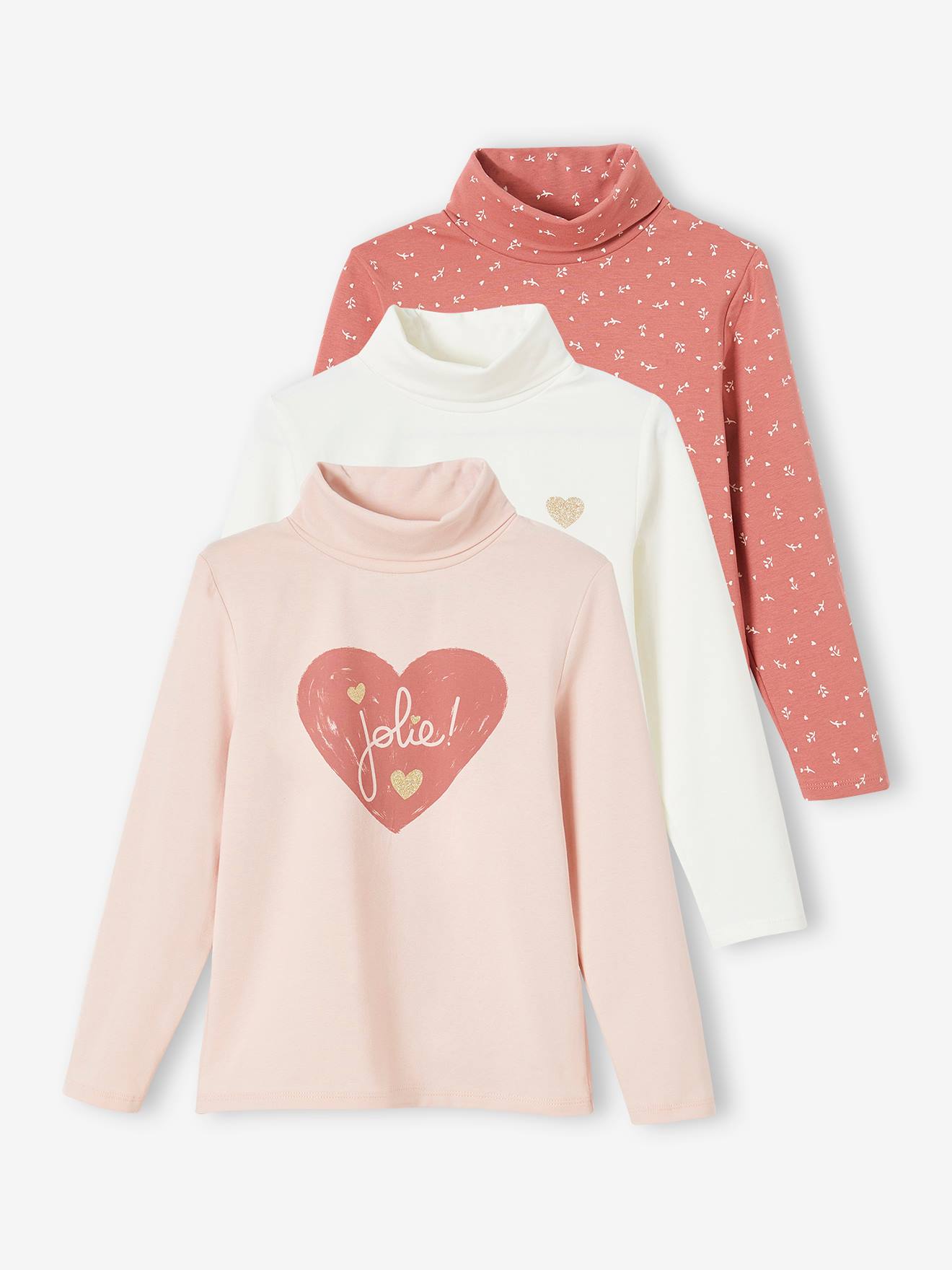 Conjunto de 3 camisetas de gola alta para meninas, cinza escuro bicolor/multicoloridas