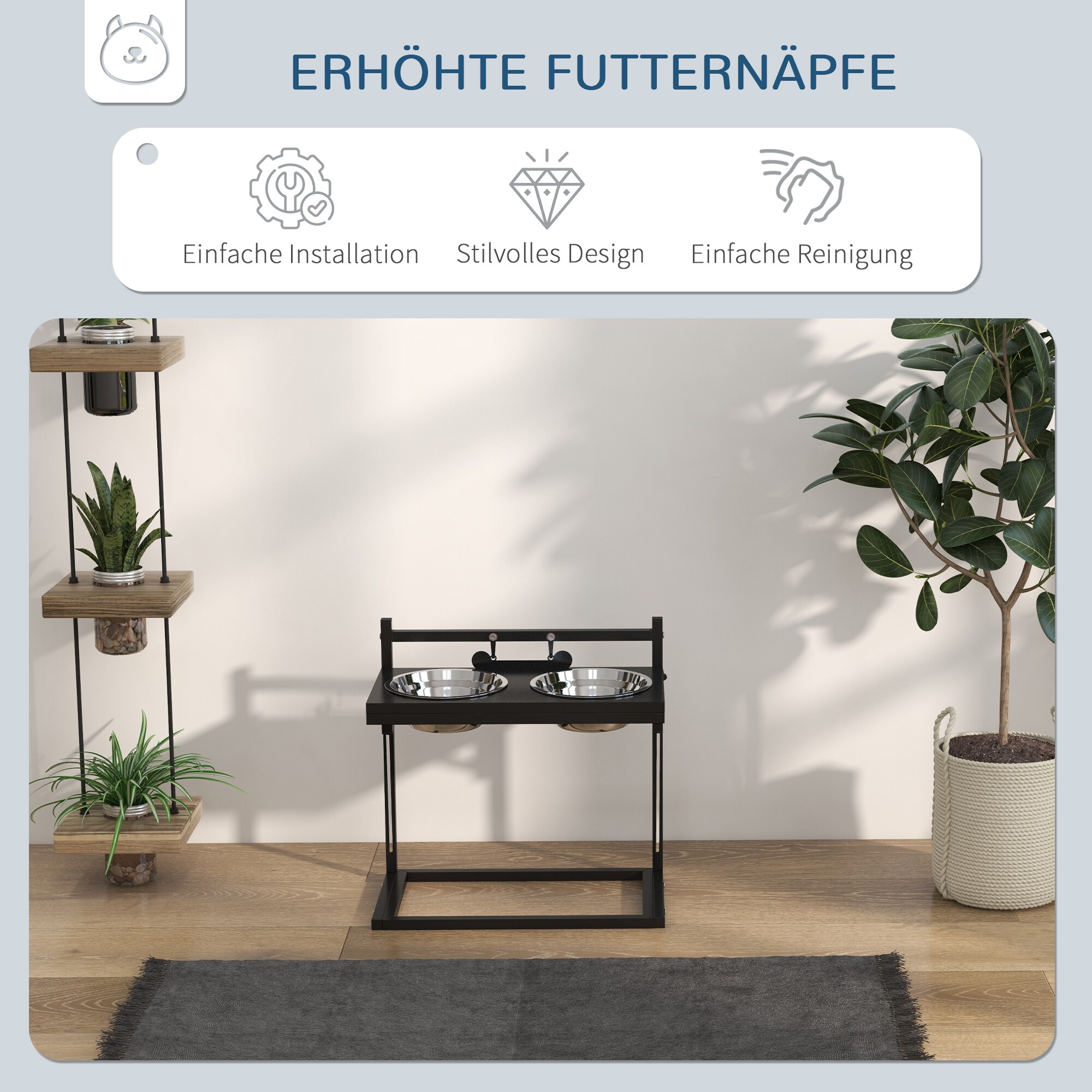 PawHut Futterstation mit individueller Höhenanpassung und selbst personalisierbarem Namensschild schwarz 40,5L x 22B x 39H cm
