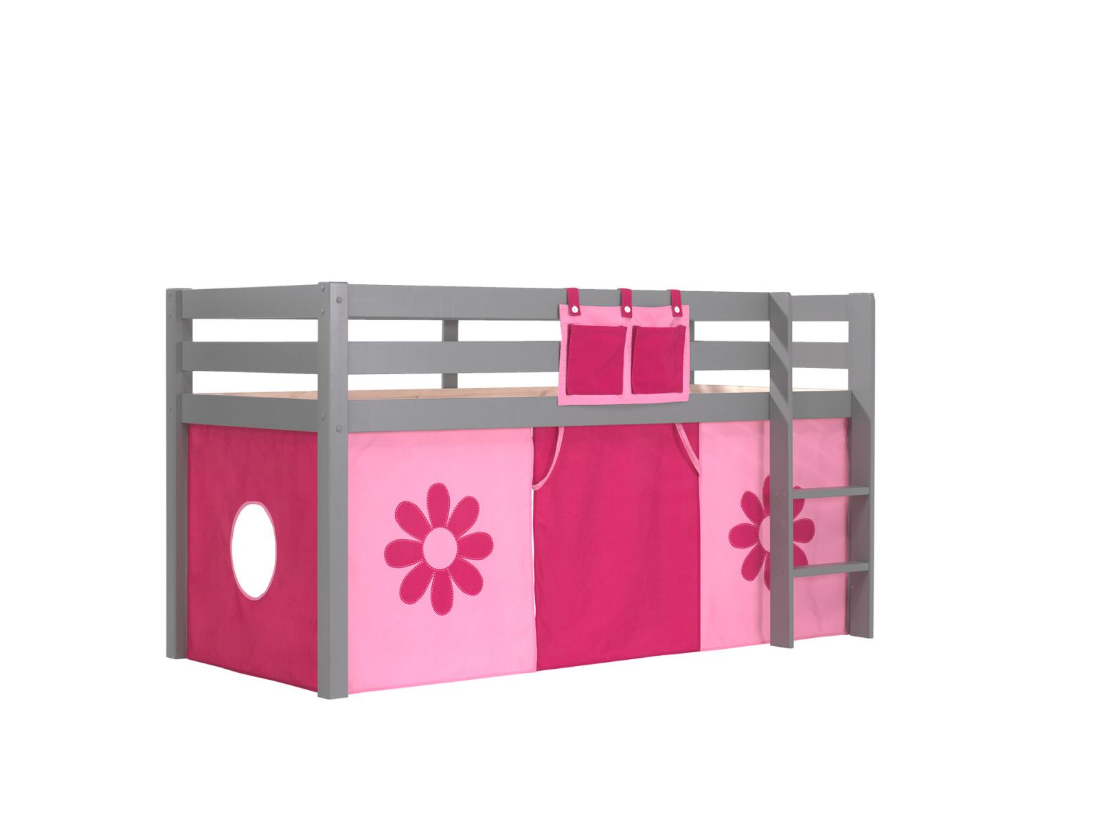 Hochbett PINO Pink Flower - grau Kiefer Massivholz - Vorhang - 90x200 cm
