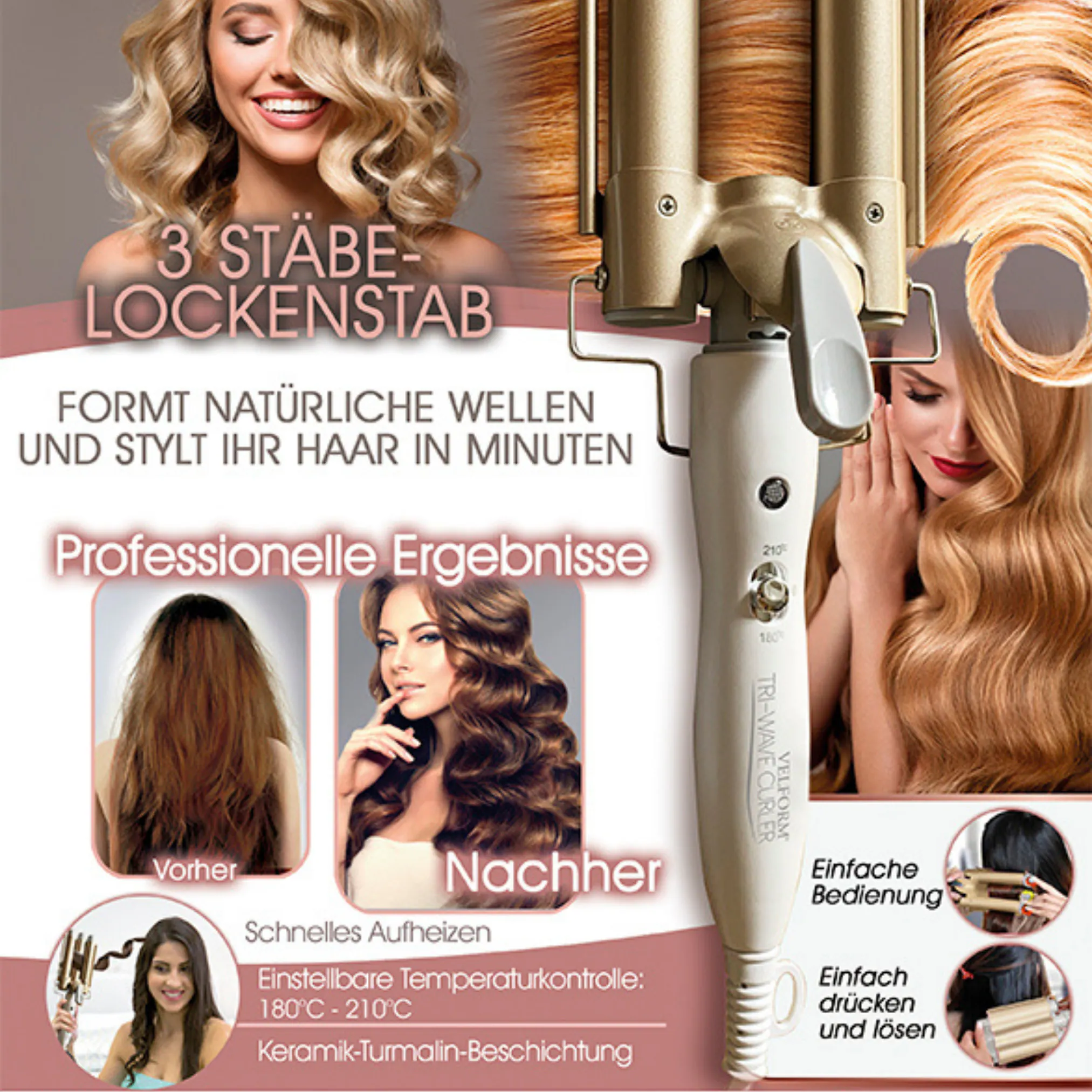 Velform® Welleneisen mit Turmalin - Keramik - Beschichtung Tri-Wave Curler