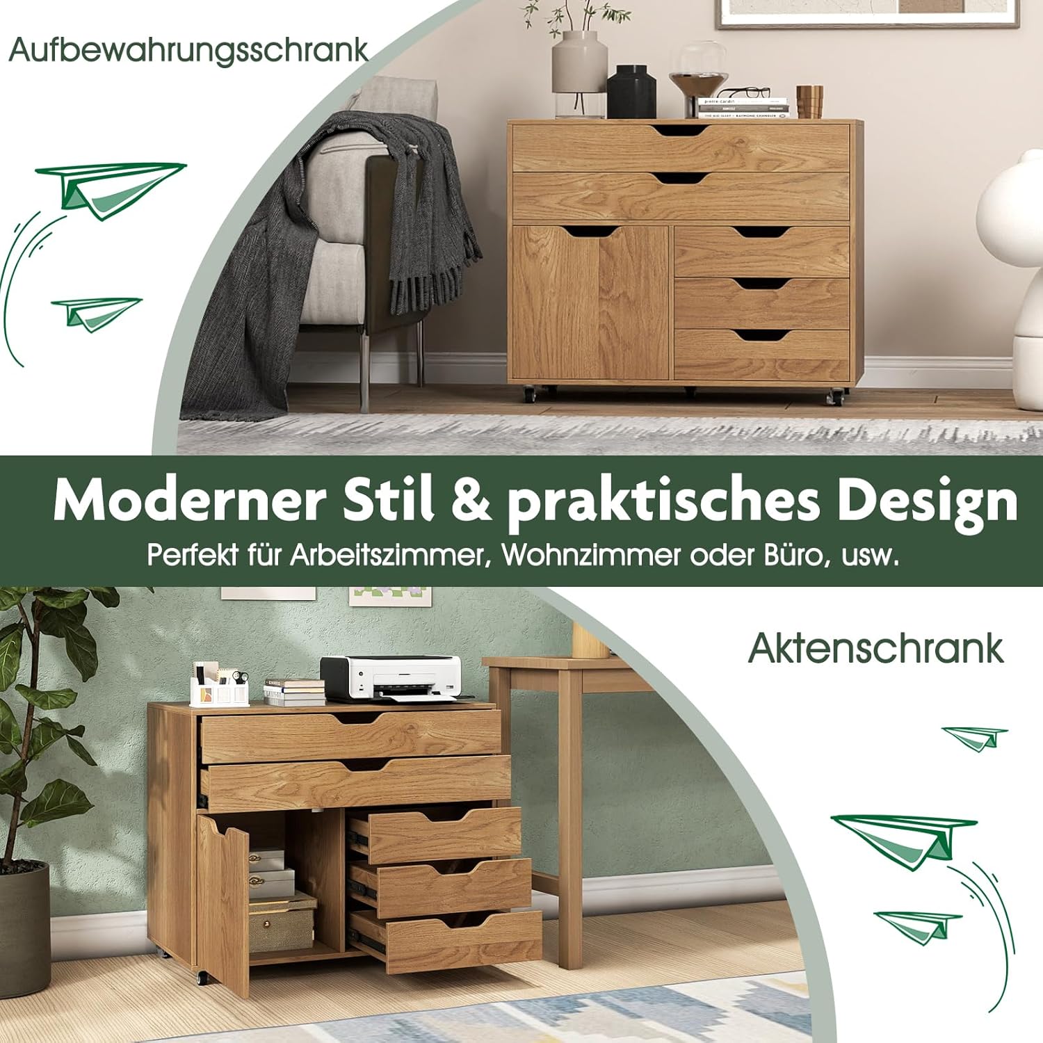 COSTWAY Rollcontainer mit 5 Schubladen & Schrank, mobiler Aktenschrank mit Rollen, Schubladenschrank mit Arbeitsplatte, Rollwagen Bürocontainer aus Holz für Zuhause, Büro (Natur,77,5 x 40 x 64 cm)