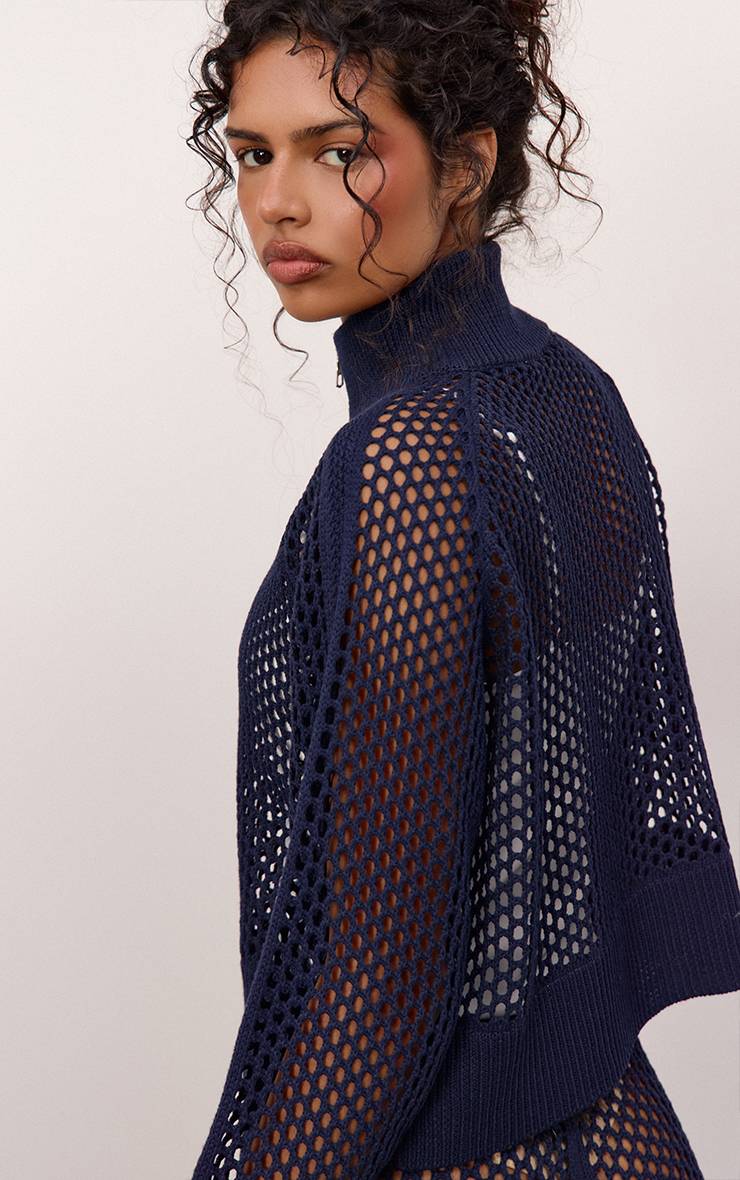 Bleu Marine Cardigan De Jogging En Maille Crochet Avec Détails Rayés