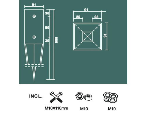 Inrij-grondbus 91 x 91 x 900 mm met montageset