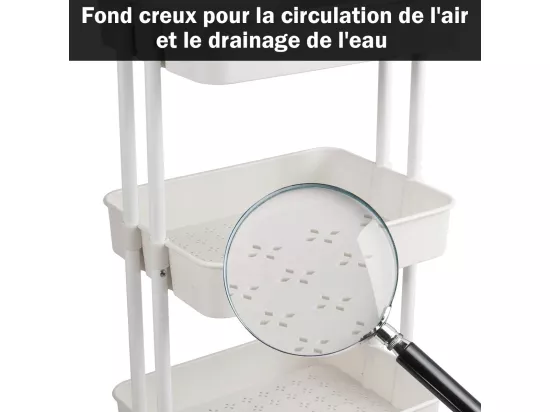 Chariot de Service à Roulettes avec 3 PaniersGrillagés en Métal Anti-Rouille 42 x 35 x 87 CM Charge Max. 60KG（Blanc)