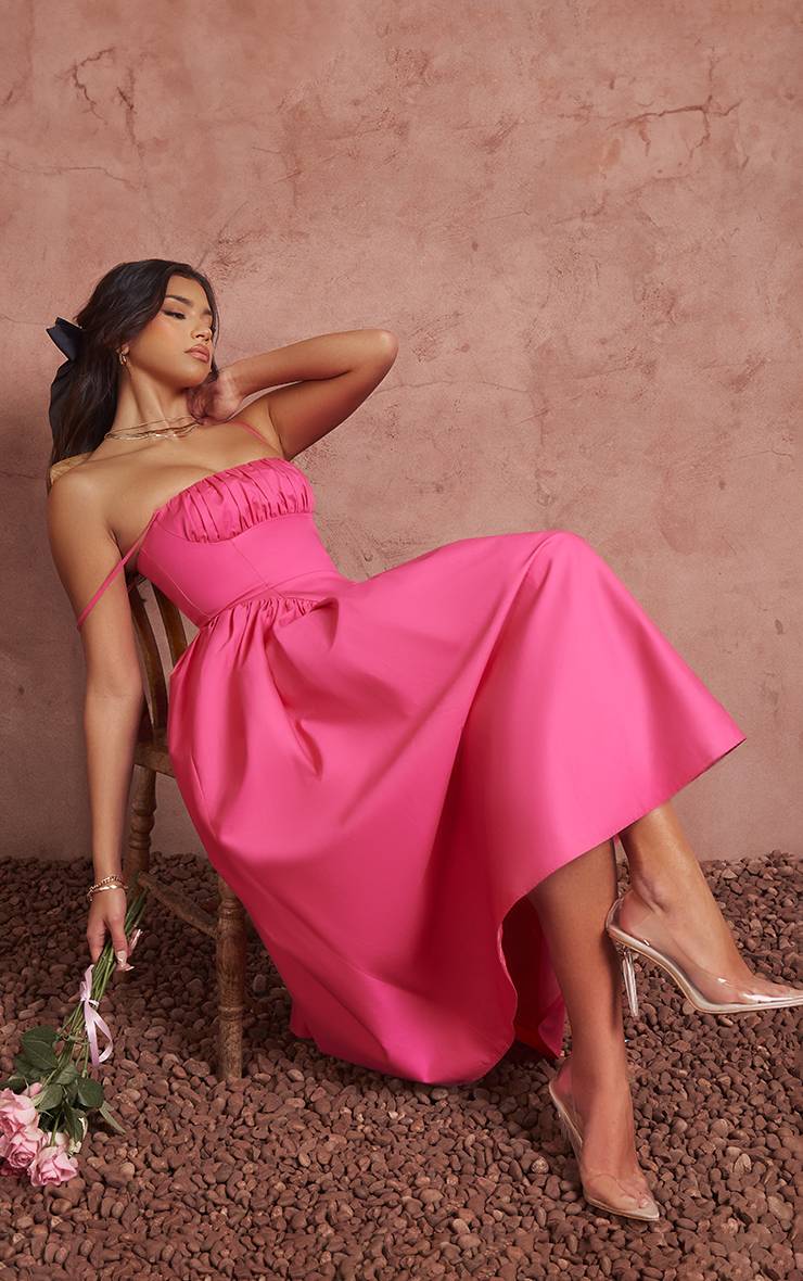 Rose Vif Robe Midaxi À Bretelles Avec Bustier Corset Froncé
