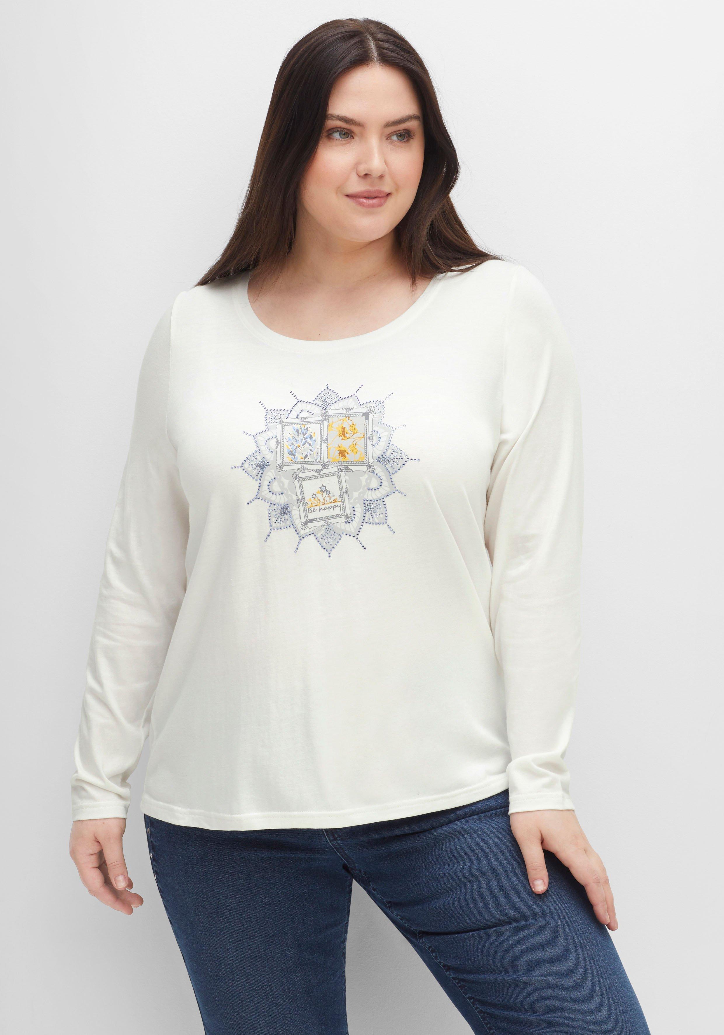 Langarmshirt mit Frontprint und Glitzersteinen