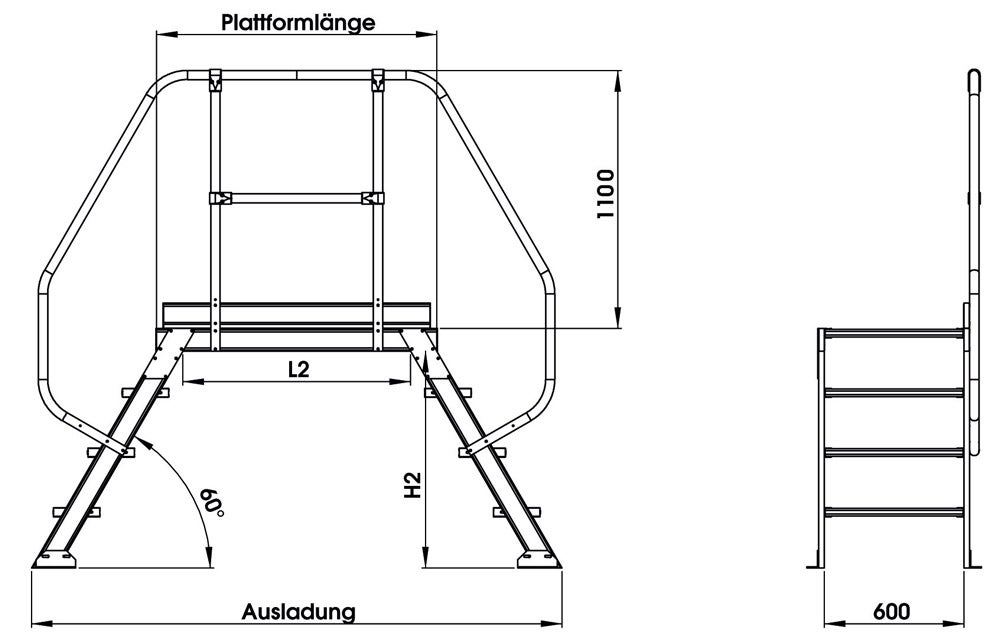 MUNK 60° trede inclusief leuning, tredebreedte 1000mm, 2x3 treden