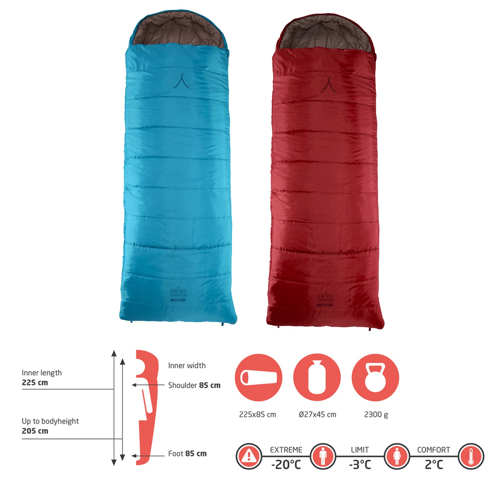 GRAND CANYON Decken Schlafsack Utah 205 XL Winter 3 Jahreszeiten 2,2m Lang -20°C Farbe: Caneel Bay