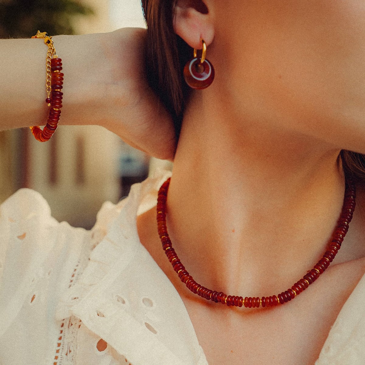 Collier, bracelet et boucles d'oreilles Blima en pierres Agate rouge