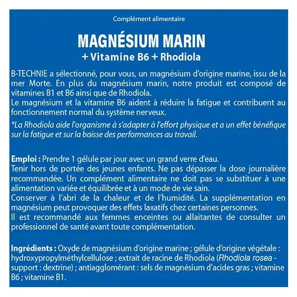 B-Technie Magnésio Marinho + B6 + Rhodiola 30 Cápsulas
