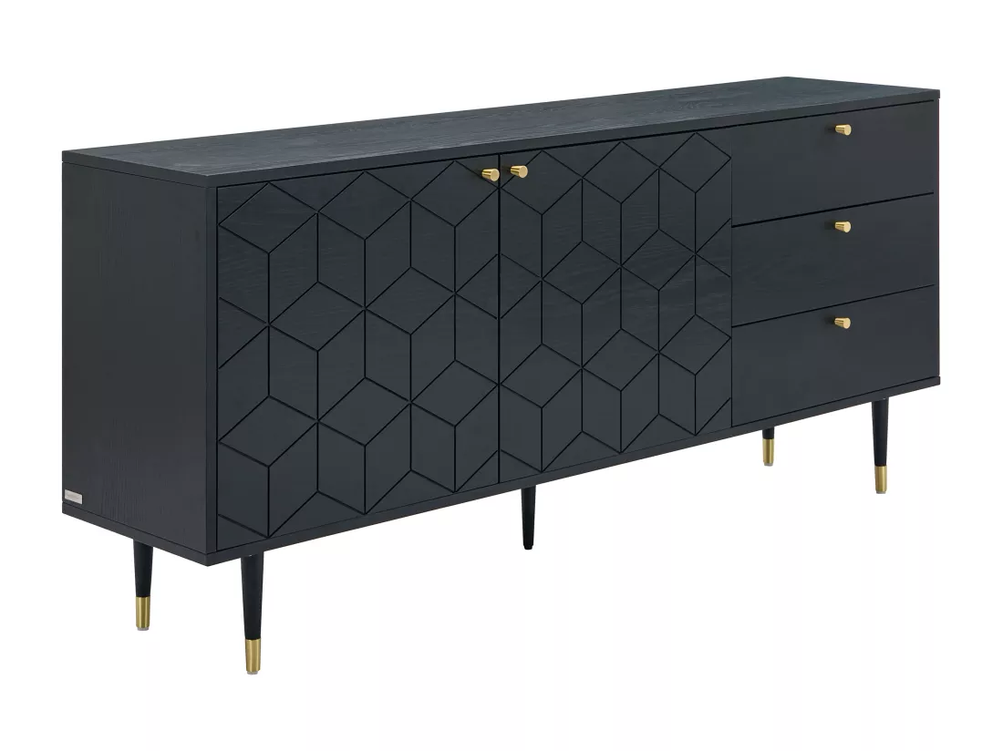 Buffet avec 2 portes et 3 tiroirs placage chêne - Noir et doré - PARIOMA
