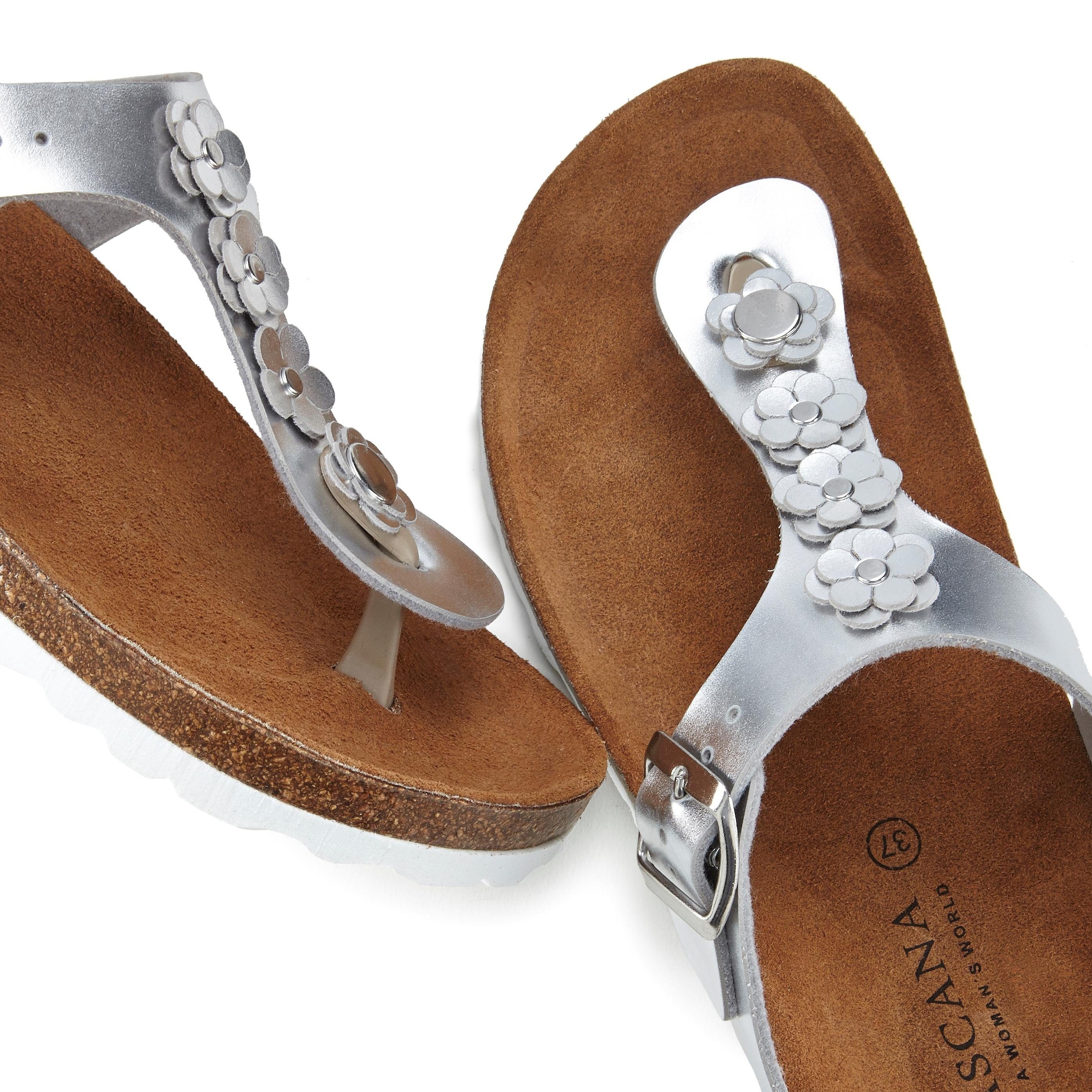 LASCANA Zehentrenner »Sandale, Pantolette, offener Schuh, Sommerschuh,«  mit modischer Applikation und Komfortkorkfussbett aus Leder