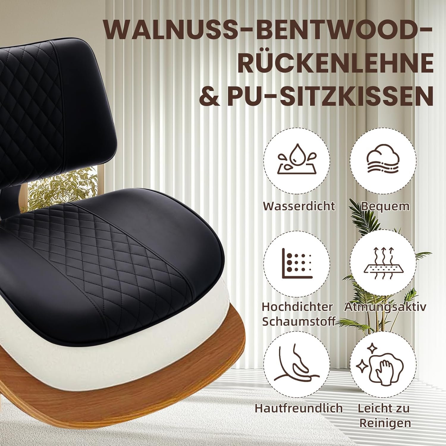 Bürostuhl, Schreibtischstuhl ohne Armlehne, PU-Leder Ergonomischer Bürostuhl, 360° Drehstuhl mit Höhenverstellung & 90°-125° Wippfunktion, Lesesessel für Schlafzimmer Büro Arbeitszimmer