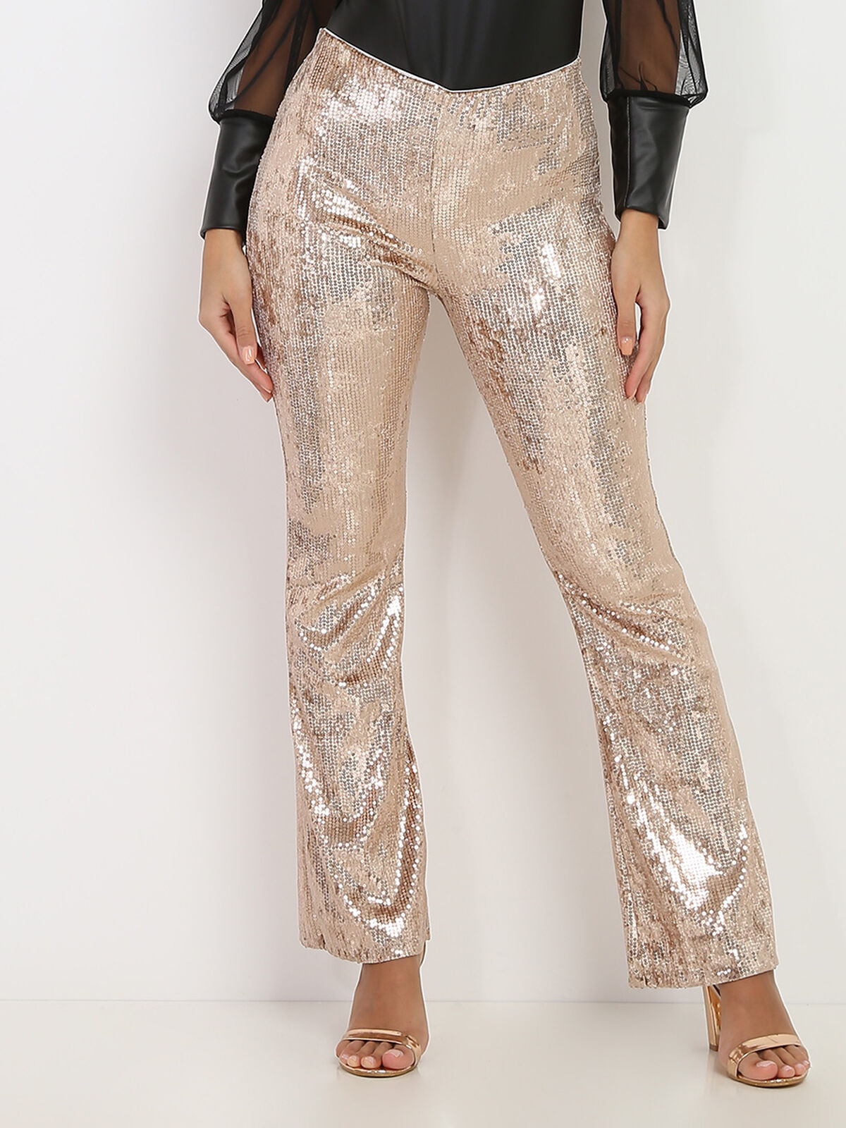 Pantalon flare à sequins- Doré rose