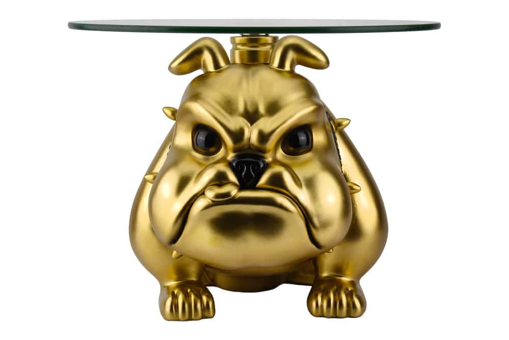 Extravaganter Couchtisch BULLDOG 55cm gold rund Hunde-Skulptur mit Glasplatte