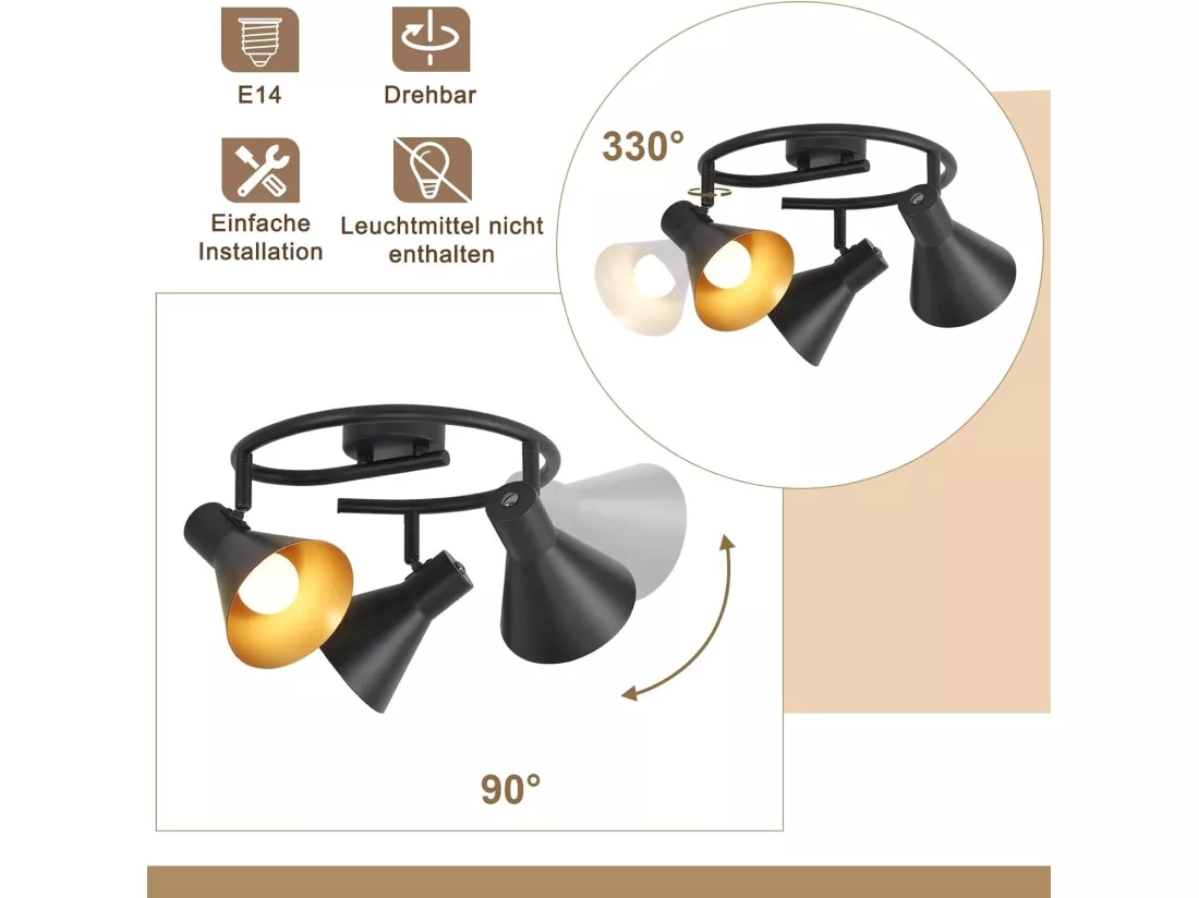 NETTLIFE 3 Spots Plafonnier Salon Noir Cuisine E14 Vintage Pivotante à 330°Industriel en Métal pour Chambre Couloir