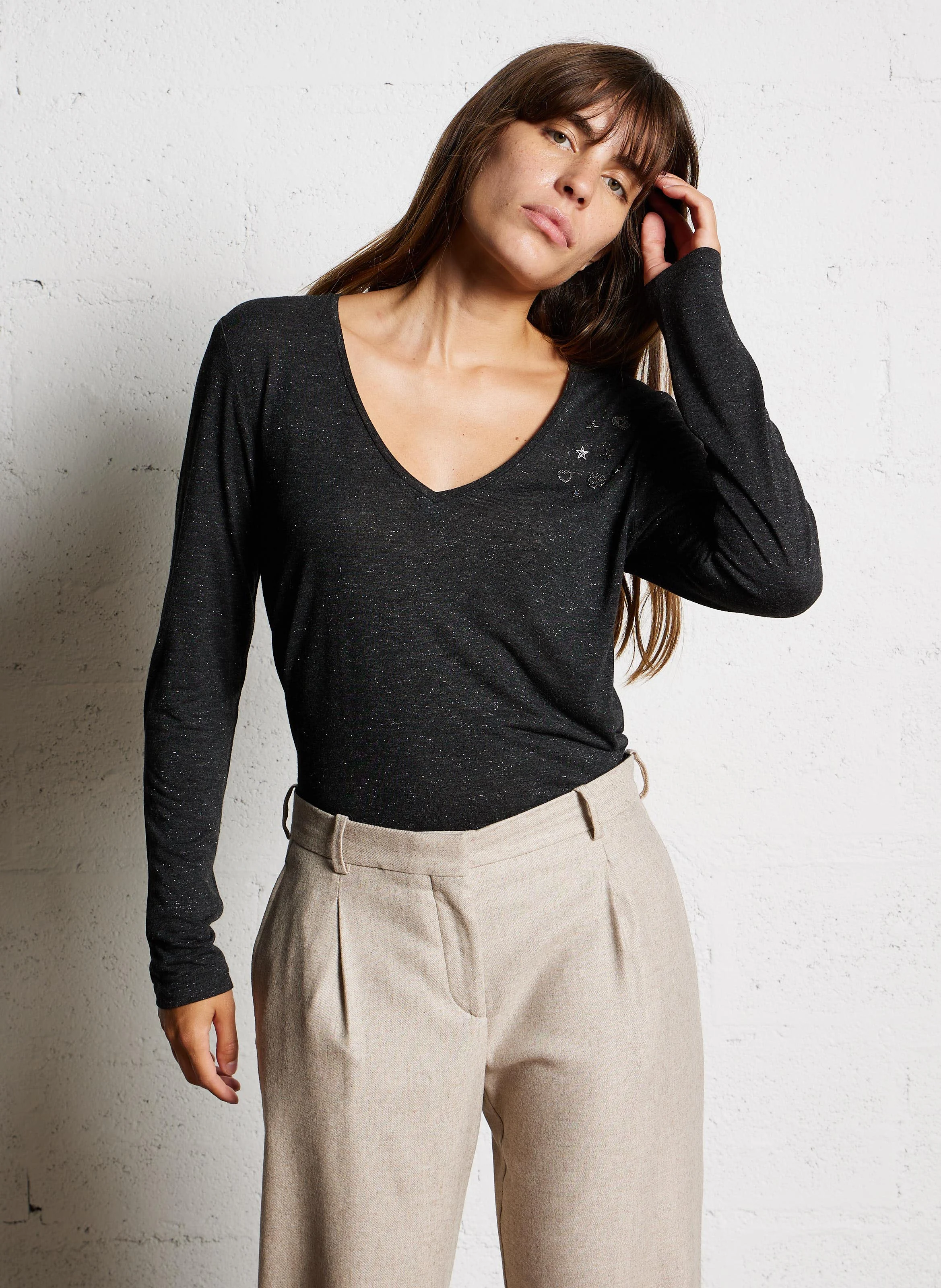 Tee-shirt droit à col V | Gris