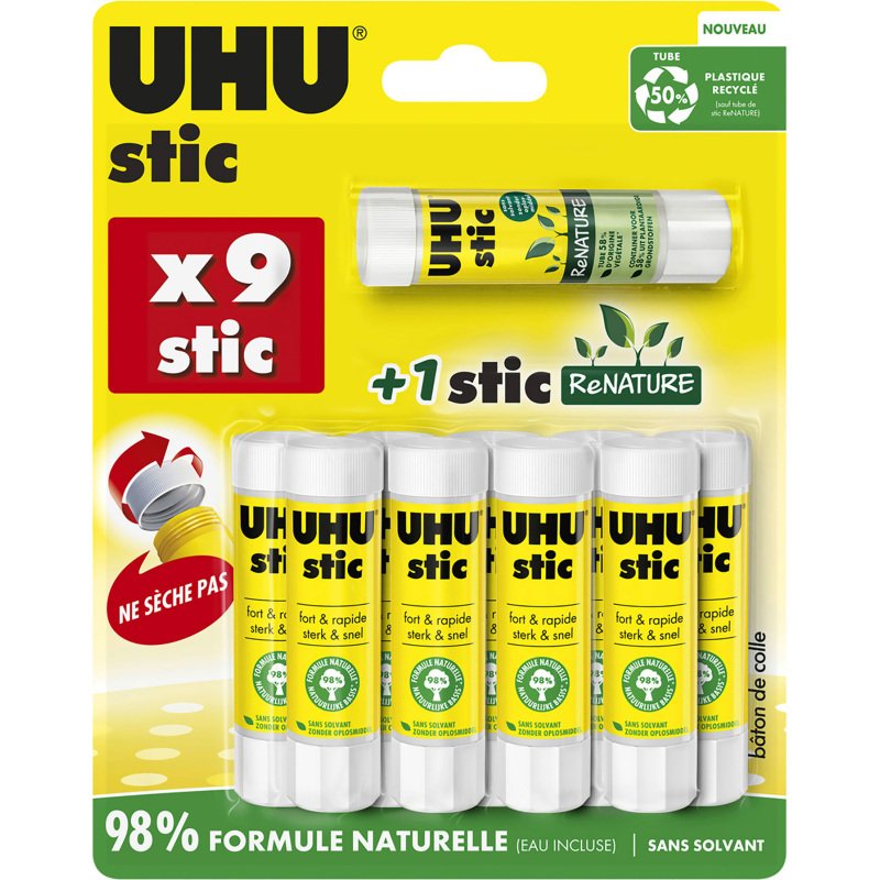 Lot de 9 bâtons de colle UHU permanente 8,2 g standard + 1 bâton Renature 8,2 g UHU