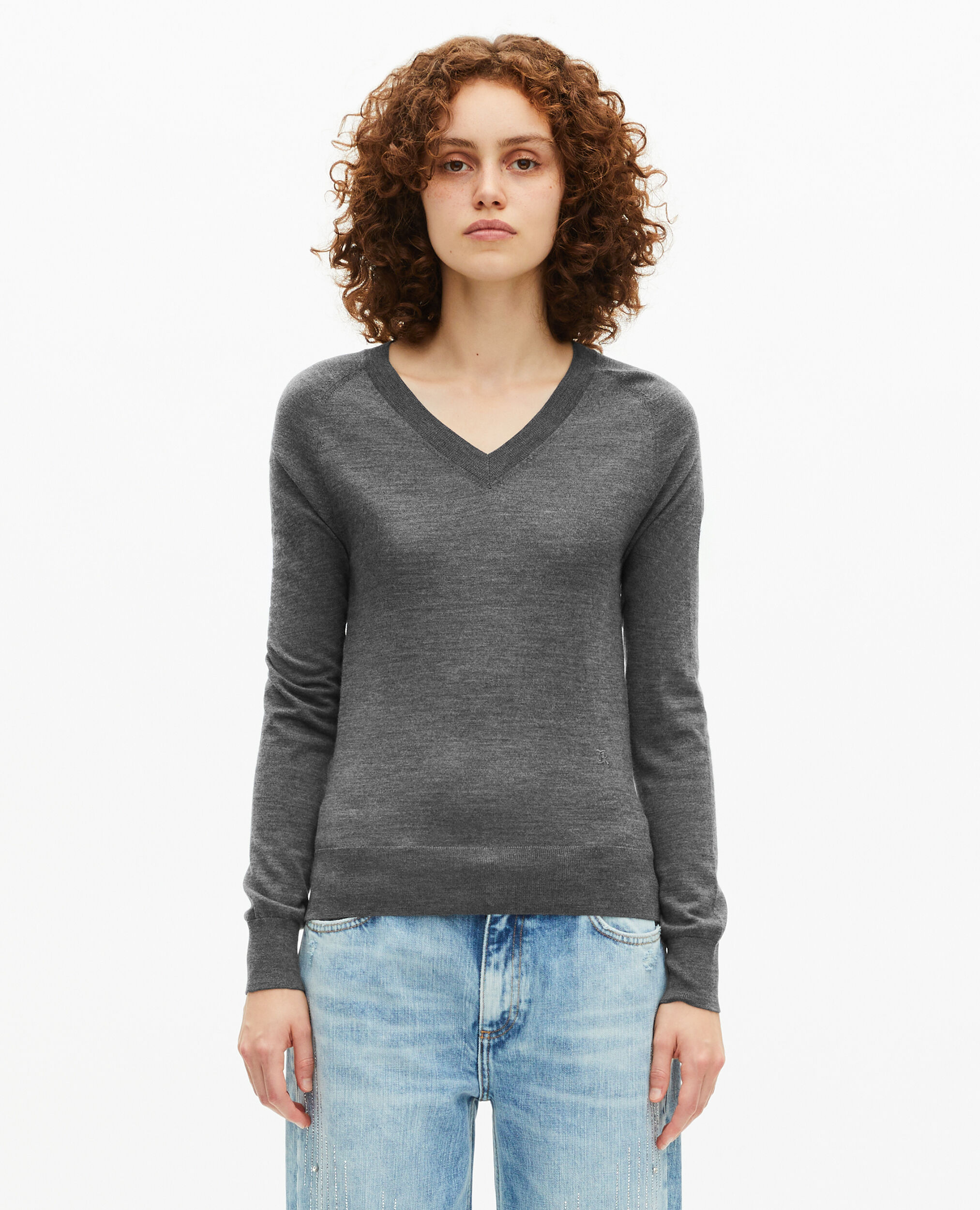 Pull col V en laine mérinos gris