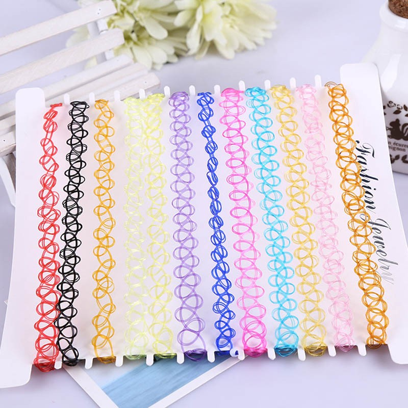 (12er Set) Elastische Halskette Henna Choker Accessoire - Bunt 2