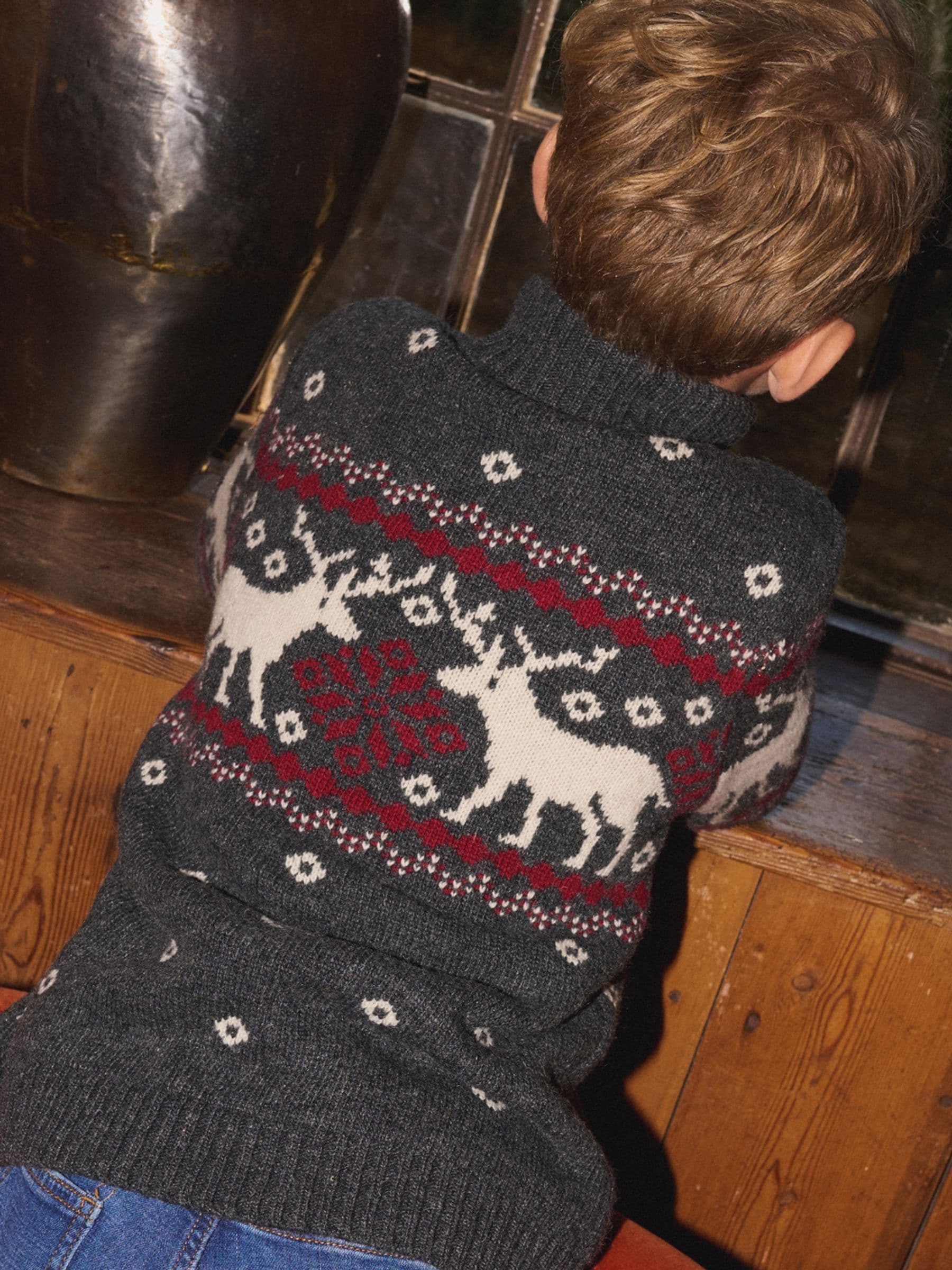 The Little Tailor - Grijze kersttrui met feestelijke fairisle en rits bij de hals voor kinderen