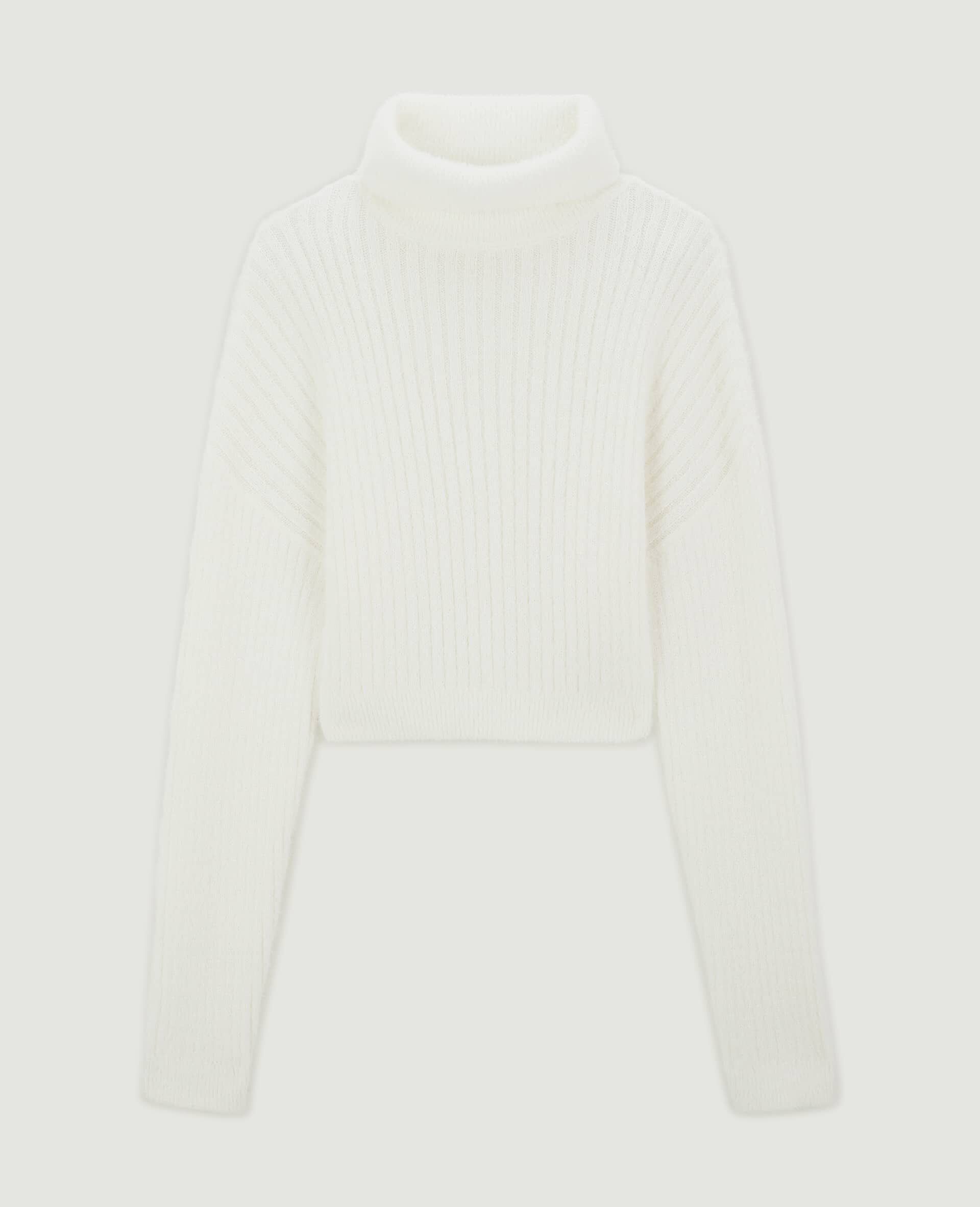 Pull court col roulé en maille fluffy - Blanc