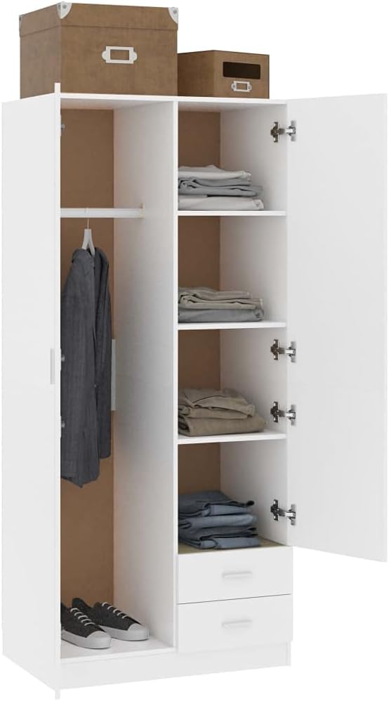 Kleiderschrank Holzwerkstoff mit 2 Türen 2 Schubladen Garderobenschrank Garderobe Schrank Schlafzimmerschrank Weiß 80x52x180 cm