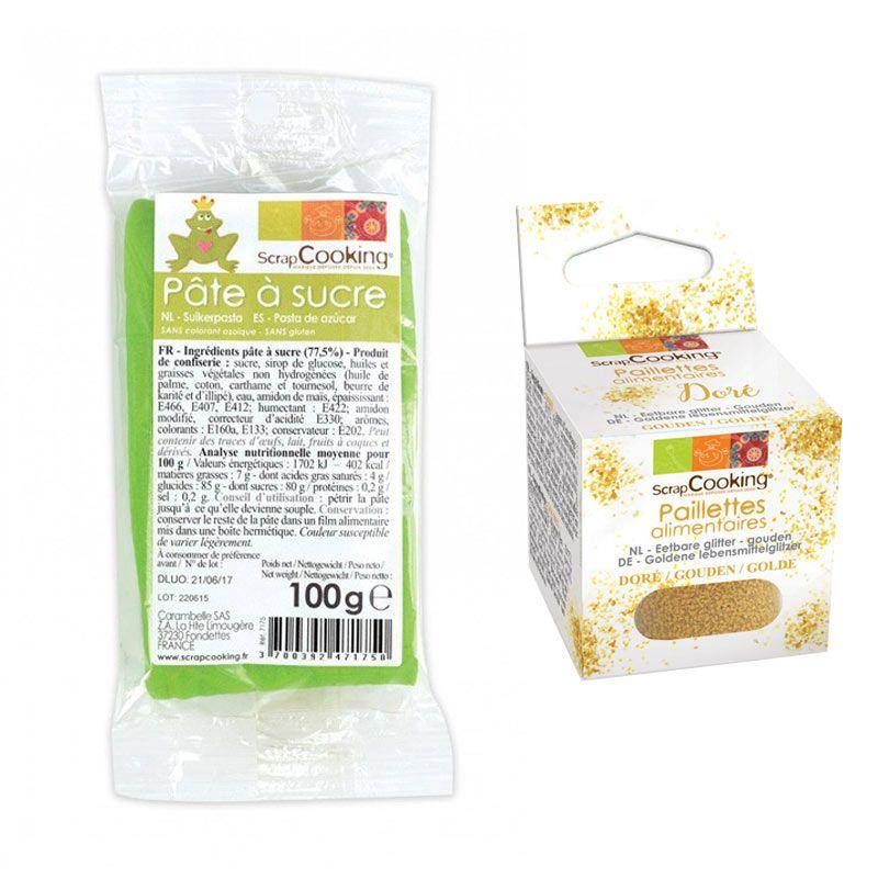 Pâte à sucre vert prairie 100 g + paillettes dorées Scrapcooking