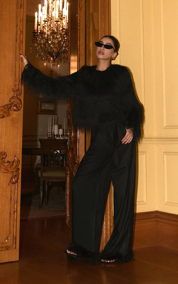 Noir Pantalon Ajusté À Ourlet Plumes