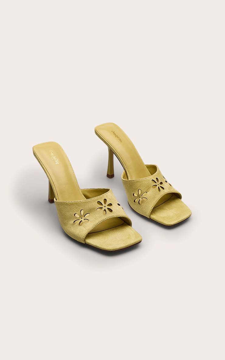 Vert Olive Mules À Talon En Synthétique Avec Découpe Laser
