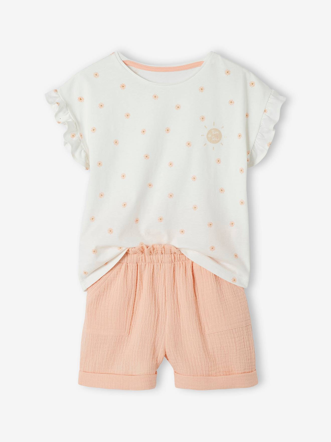 Conjunto de camiseta e shorts em chiffon de algodão azul marinho para meninas.