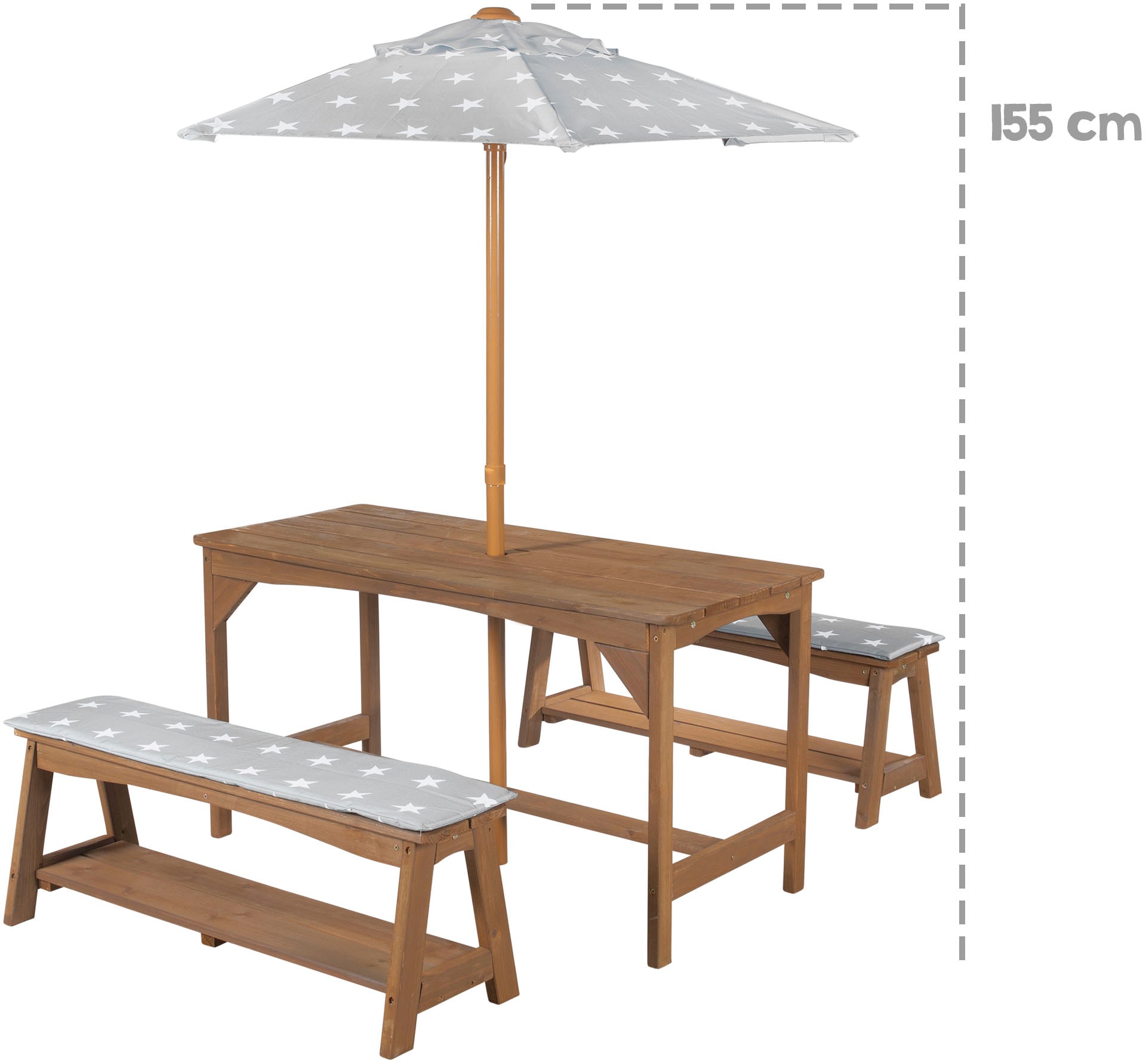 roba® Garten-Kindersitzgruppe »Outdoor+« Set, 3 Stk. tlg. Tisch und 2 Bänke mit Sitzauflage, Schirmset