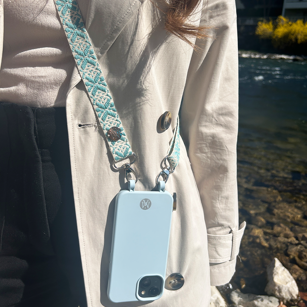 Handyband Handgemachtes Umhängeband für Handyhüllen Snowflake Silver - Ecru / Turquoise Assos