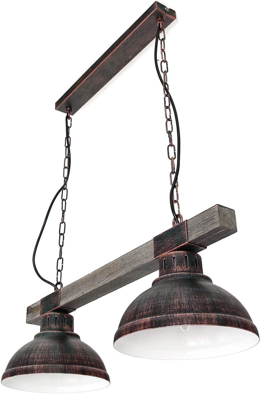 Licht-Erlebnisse Pendelleuchte Holz Metall in Kupfer Antik Küche Wohnzimmer 60 cm lang E27 Rustikal 2-flammig Vintage Esszimmer Hängelampe HAKON