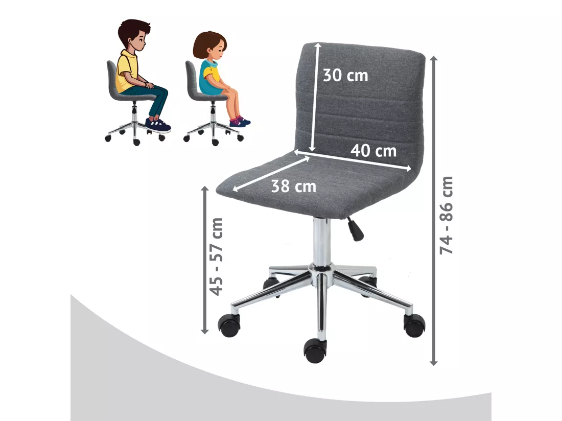SVITA LINUS chaise de bureau chaise pivotante pour enfant chaise de bureau chambre d'enfant revêtement en tissu gris