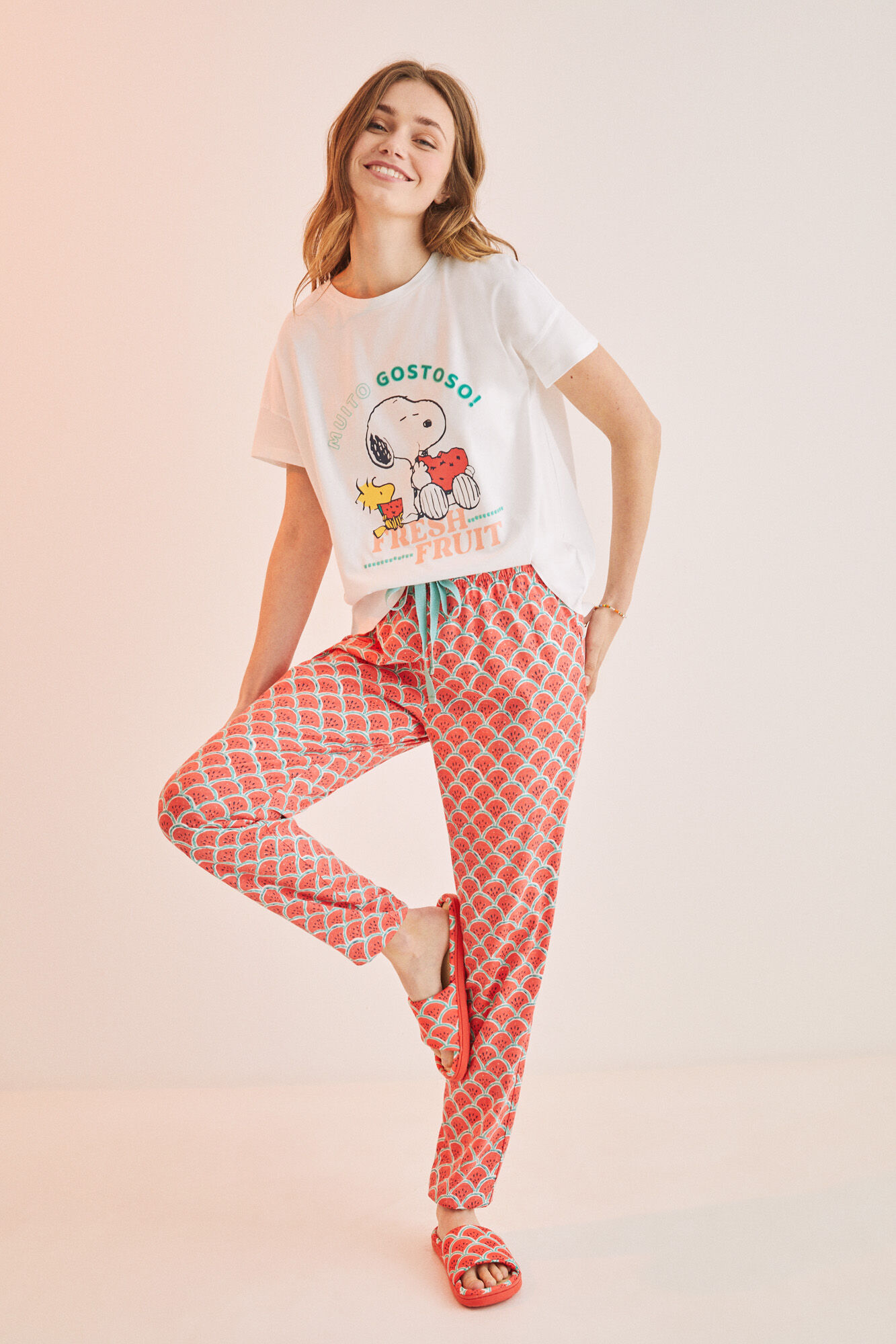 Pijama do Snoopy, 100% algodão, estampa de melancia - bege