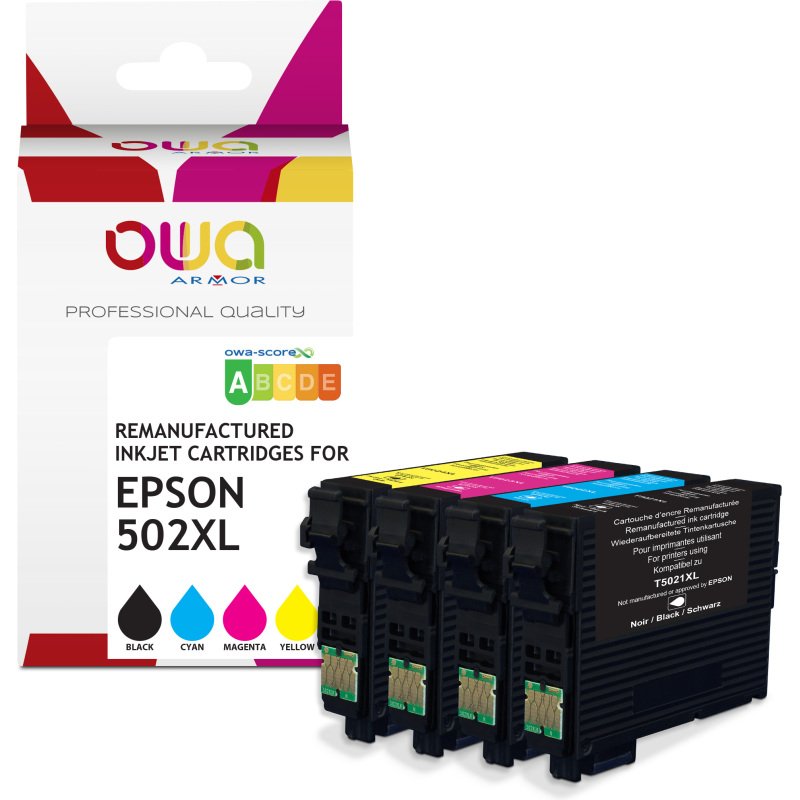 Pack de 4 cartouches d'encre remanufacturées OWA - haute capacité - Noir Cyan Magenta Jaune - pour EPSON 502XL