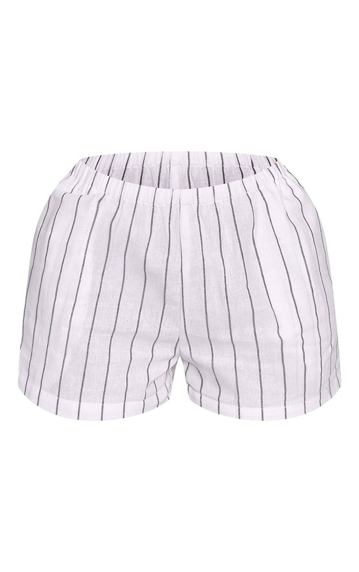 Blanc Short Taille Élastiquée Aspect Lin Fluide À Fines Rayures Coordonné Petite