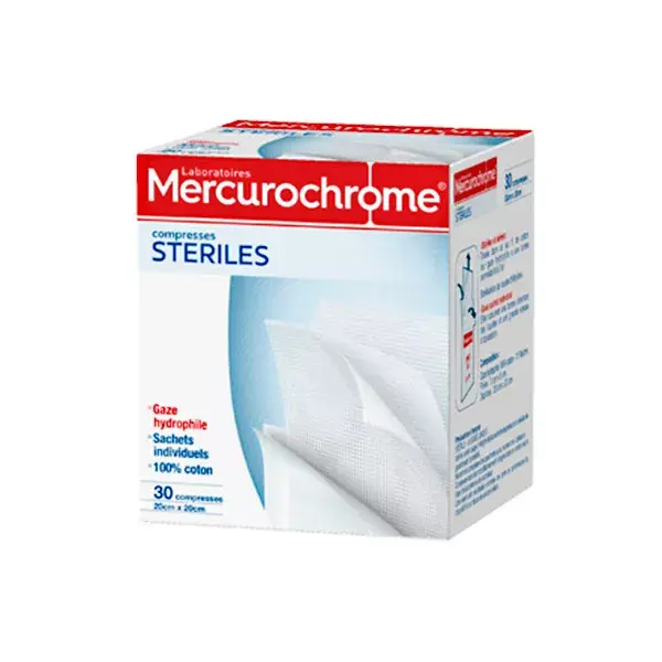 Compressas estéreis de mercurocromo 5cm x 5cm, 30 unidades